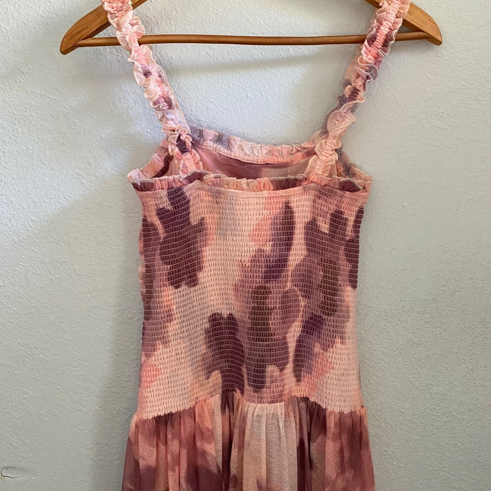 Free People Mesh Midi Dress Soft Pink Purple Watercolor Smocked Feminine Fairy - Picture 5 of 14